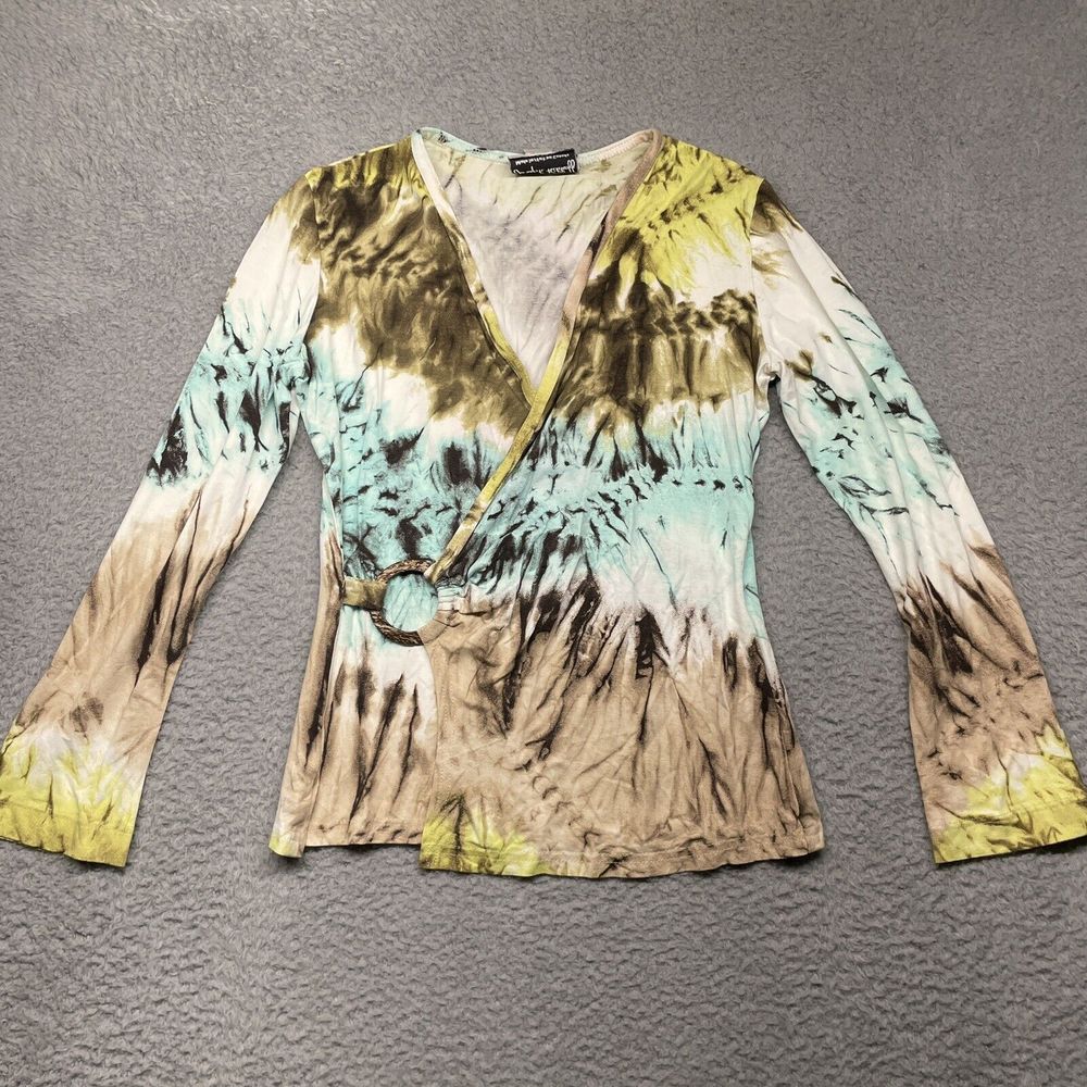 Vintage Joseph Ribkoff Blouse Womens XS Green Tie Dye 90s Fairy Faux Wrap Top